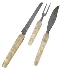 Vtg Washington Forge 3Pc Carving Set Faux Onyx Acrylic Handles Stainless MCM